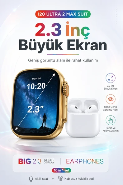 2.3 İnç Geniş Ekranlı Akıllı Saat Ve Kablosuz Kulaklık 10 Parça Aksesuar Seti ürün görseli 1