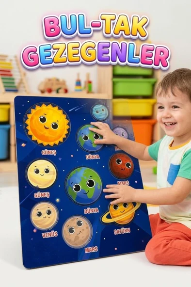 11 Parça Ahşap Bul-Tak Gezegenler Eğitici ve Eğlenceli Uzay Temalı Oyuncak Puzzle ürün görseli 1
