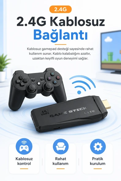 HDMI Girişli Kablosuz Retro Oyun Konsolu 2.4G Bağlantılı Çift Kollu Eğlence Seti ürün görseli 1