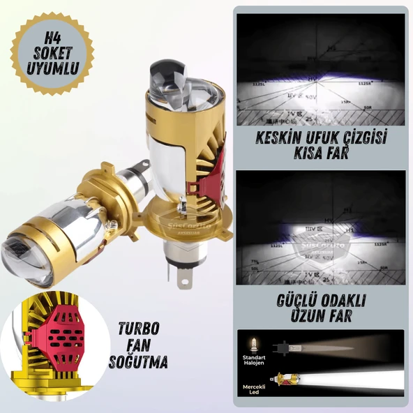 H4 Lazer Mercekli Ufuk Çizgili Far Ampulü Otomobil Araç Motosiklet Uyumlu Profesyonel Mini Projektör LED Beyaz Led Xenon Lamba Şimşek Etkili Uzun Kısa 2 Adet 40w 12/24v ürün görseli 1