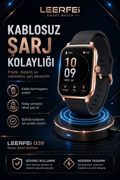 G39 Model Kablosuz Şarjlı Akıllı Saat Rose Gold Renk Bildirim Ve Arama Destekli ürün görseli 1