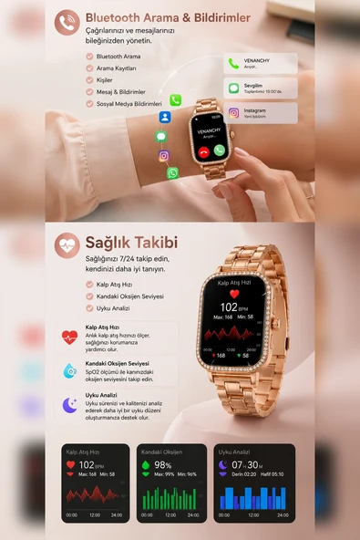 Kadın Kullanımına Uygun Akıllı Saat Dört Çift Kordonlu Şık Tasarımlı Dokunmatik Model ürün görseli 1