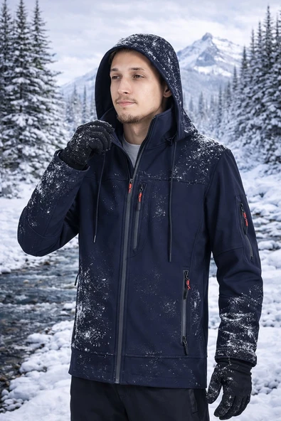 Erkek Slim Fit Softshell Kapüşonlu Erkek Mont Su İtici Rüzgar Geçirmez ürün görseli 1
