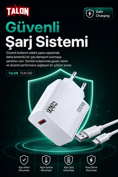 120W Hızlı Şarj Adaptörü Ve Kablo Seti Akıllı Çipli Güvenli Şarj Özellikli ürün görseli 1