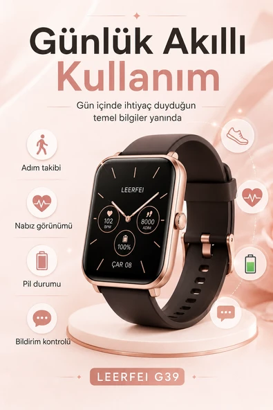 Kablosuz Şarj Destekli Rose Gold Akıllı Saat Dokunmatik Ekranlı Spor Takipli Model ürün görseli 1