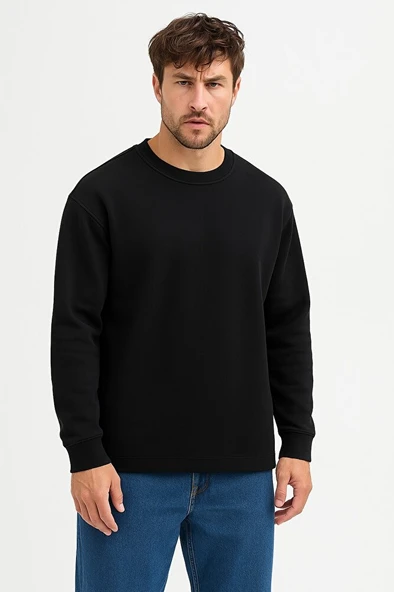3 İplik İçi Polarlı Tam Kışlık Hafif Dar Kalıp Bisiklet Yaka Erkek Sweatshirt ürün görseli 1