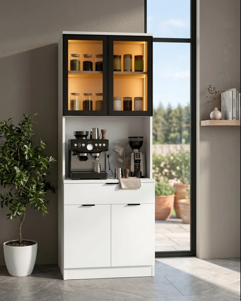 Dream Premium Minimal Kahve İstasyonu - Beyaz Füme Temperli Camlı LEDLİ Modül ürün görseli 1