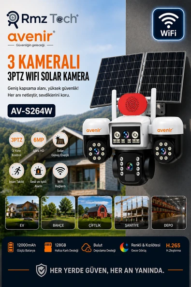 Avenir S264W 3 Kameralı 3PTZ WiFi Solar Güvenlik Kamerası ÇİFT GÜNEŞ PANELLİ ürün görseli 1