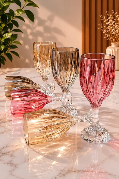 6’lı Renkli Kristal Desenli Cam Kadeh Seti Kahve Yanı Bardağı 19 CM Vintage Su Meşrubat Bardağı ürün görseli 1