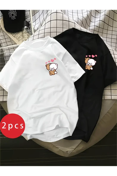 Sevgili Kombini Ayıcık Kalp Baskılı Çift Tişört Oversize Unisex Partner Kombin Seti ürün görseli 1