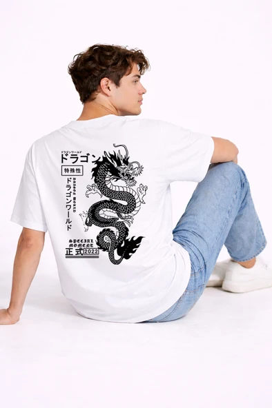 Oversize Erkek Tişört Arkası Baskılı Dragon Japon Style Streetwear Beyaz Grafik ürün görseli 1