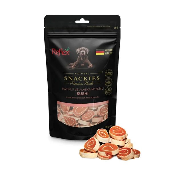 Reflex Snackies Natural Tavuklu ve Alaska Mezgitli Sushi Tahılsız Köpek Ödül Maması 90gr ürün görseli 1