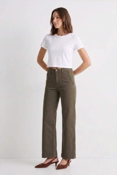 Kadın Kahverengi Yüksek Bel İnce Rahat Wide Leg Jean Pantolon ürün görseli 1