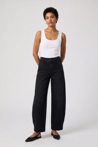 Kadın Siyah Yüksek Bel Wide Leg Barrel Fit Jean Pantolon ürün görseli 1