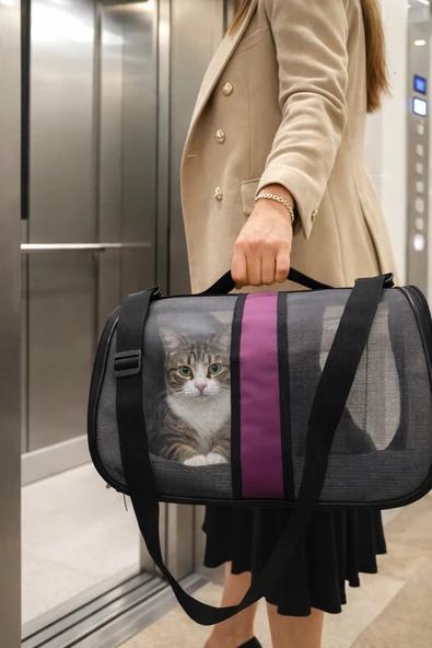 Kedi Taşıma Çantası Seyahat Evcil Hayvan Çantası Fileli Büyük Boy - Lila ürün görseli 1