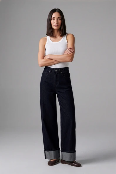 Kadın Yüksek Bel Wide Leg Paçası Katlamalı Lacivert Jean Pantolon ürün görseli 1