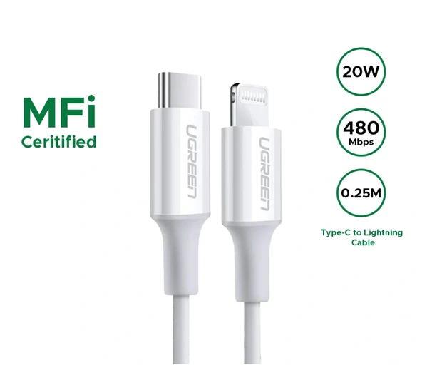 UGREEN 60746 US171 MFi Sertifikalı 20W USB-C to Lightning Hızlı Şarj Kablosu Beyaz 0.25cm ürün görseli 1