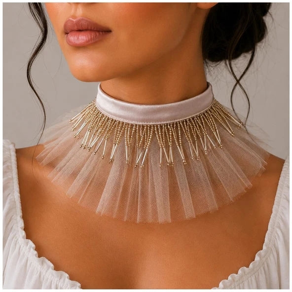 Pudra Renk Organze Tül - Saten - Pudra Renk El İşi Boncuk Kadın Choker ürün görseli 1