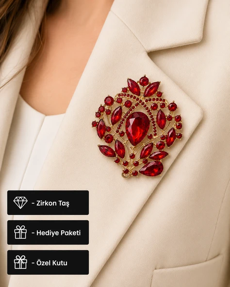 Premium Kırmızı Zirkon Taşlı Gold Renk Kadın Broş Rozet Aksesuar ürün görseli 1
