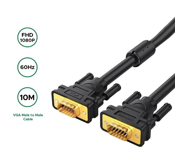 UGREEN 11633 VG101 1080P 60Hz VGA Erkek to VGA Erkek Kablo Siyah 10 Metre ürün görseli 1