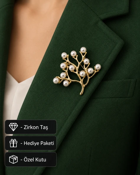 Hediye İnci Detaylı Gold Kadın Broş Modeli Şık Tasarım Ceket Aksesuarı ürün görseli 1