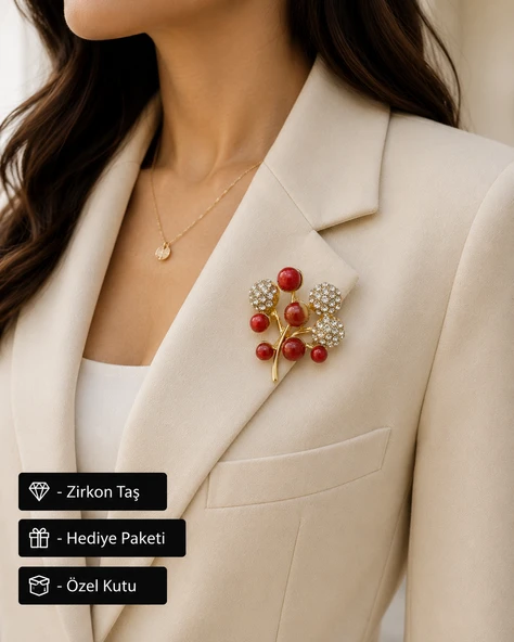 Hediye Kırmızı Taşlı Gold Renk Premium  Zirkon Detaylı Kadın Broş Modeli ürün görseli 1