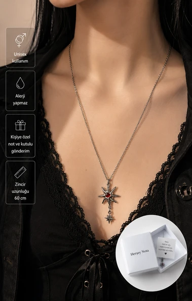 Kırmızı Taş Detaylı Gotik Güneş Yıldız Kolye – Alternatif Stil Unisex Zincir Kolye ürün görseli 1