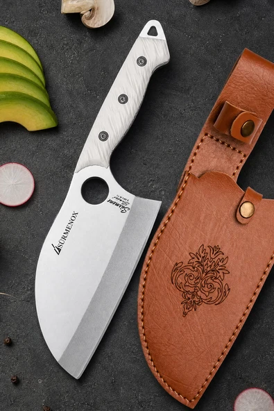 Sürmene Serisi B Almazan Mutfak Şef Bıçağı Beyaz Verzalit Sap Kamp Outdoor Bıçak Deri Kılıflı HDS-150 ürün görseli 1