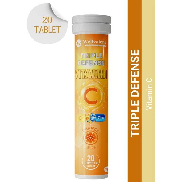 Wellvalens Triple Defense Efervesan 1000 mg Vitamin C + Çinko + D3 – 2’li Paket – Bağışıklık Desteği – Portakal Aromalı – 40 Tablet ürün görseli 1