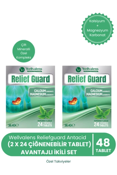 Relief Guard İkili Paket 48 Çiğnenebilir Tablet | Nane Aromalı, Kalsiyum + Magnezyum Karbonat ürün görseli 1