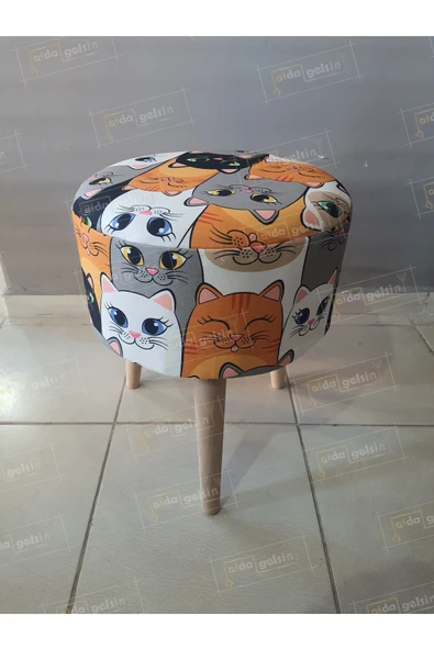 aldagelsin Dekoratif Ahşap Ayak Retro Yuvarlak Puf Kedi 37 x 42 ürün görseli 1