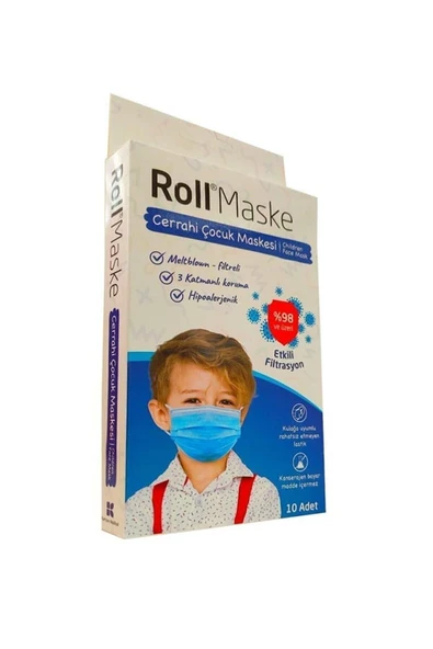 Roll 3 Katlı Mavi Erkek Çocuk Cerrahi Maske Telli 10'lu ürün görseli 1