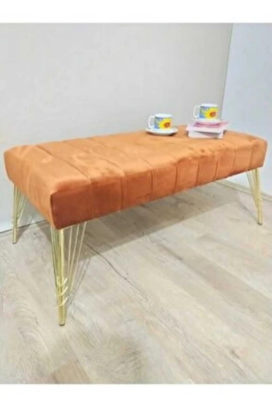 aldagelsin Modern Çizgi Model Puf Ayakucu Bench Gold Metal Ayak 90 cm Turuncu 100 x 50 ürün görseli 1