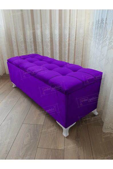 aldagelsin Çizgi Kapitoneli Sandıklı Puf  100 cm Beyaz Ayak Lila 100 x 40 ürün görseli 1