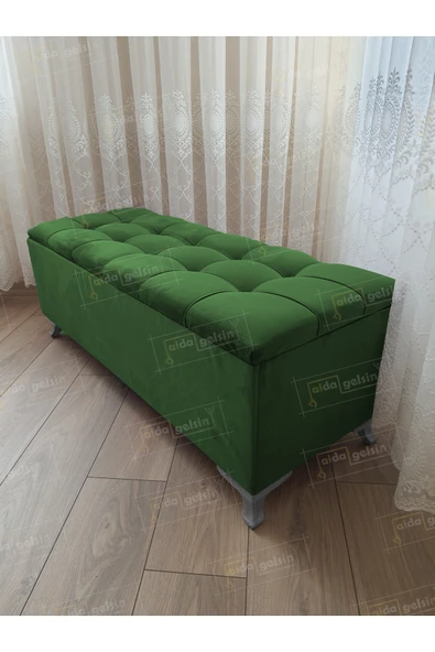 aldagelsin Çizgi Kapitoneli Sandıklı Puf 90 cm Gümüş Ayak Yeşil 90 x 45 ürün görseli 1