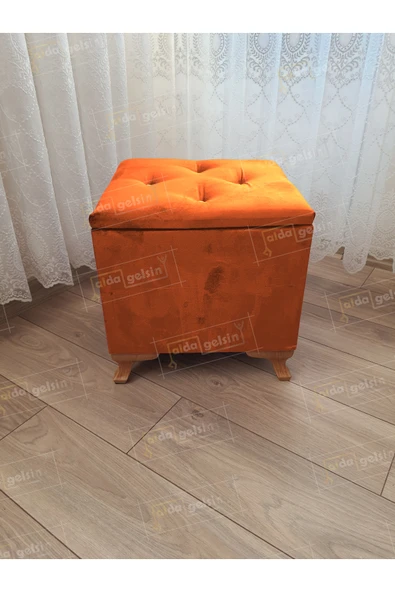 aldagelsin Lüks Sandıklı Tabure Puf 45 x 45 cm Ceviz Ayak Turuncu 45 x 45 ürün görseli 1