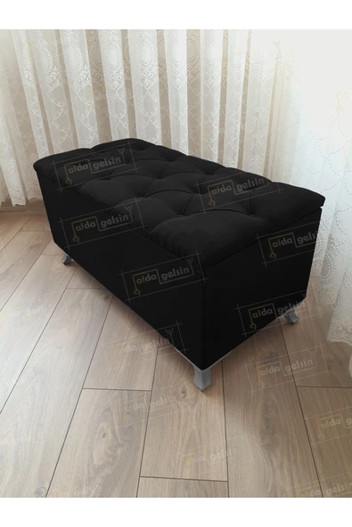 aldagelsin Lüks Sandıklı Kapitoneli Ayakucu Puf Bench 120 cm Gümüş Ayak Siyah 120 x 45 ürün görseli 1