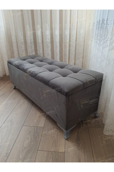 aldagelsin Çizgi Kapitoneli Sandıklı Puf  100 cm Gümüş Ayak Antrasit 100 x 40 ürün görseli 1