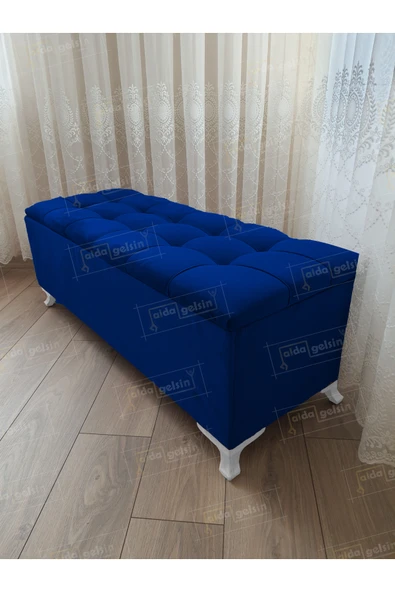 aldagelsin Çizgi Kapitoneli Sandıklı Puf  110 cm Beyaz Ayak Lacivert 110 x 42 ürün görseli 1