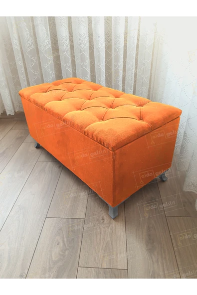 aldagelsin Lüks Sandıklı Kapitoneli Ayakucu Puf Bench 90 cm Gümüş Ayak Turuncu 90 x 45 ürün görseli 1