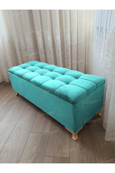 aldagelsin Çizgi Kapitoneli Sandıklı Puf  90 cm Gold Ayak Turkuaz 90 x 45 ürün görseli 1