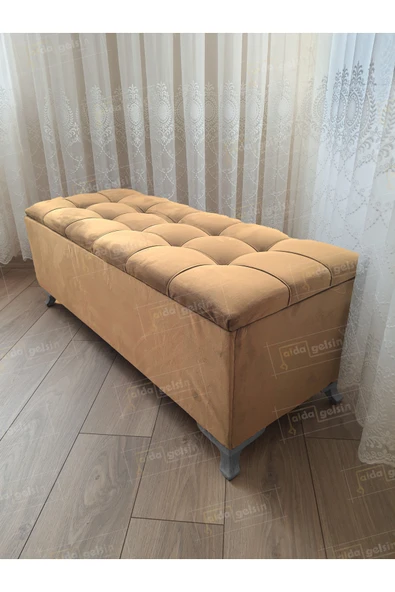 aldagelsin Çizgi Kapitoneli Sandıklı Puf 90 cm Gümüş Ayak Vizon 90 x 45 ürün görseli 1