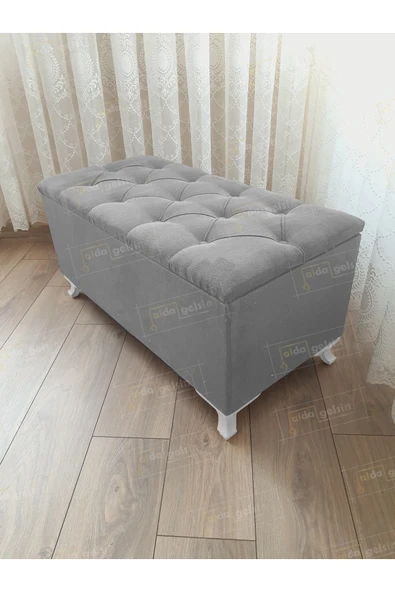 aldagelsin Lüks Sandıklı Kapitoneli Ayakucu Puf Bench 90 cm Beyaz Ayak Gri 90 x 45 ürün görseli 1