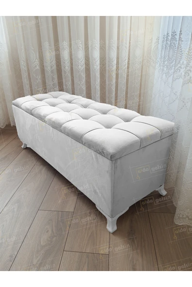 aldagelsin Lüks Çizgi Kapitoneli Sandıklı Puf Bench 120 cm Beyaz Ayak Beyaz 120 x 45 ürün görseli 1
