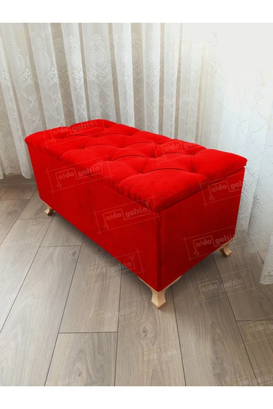 aldagelsin Lüks Sandıklı Kapitoneli Ayakucu Puf Bench 100 cm Gold Ayak Kırmızı ürün görseli 1