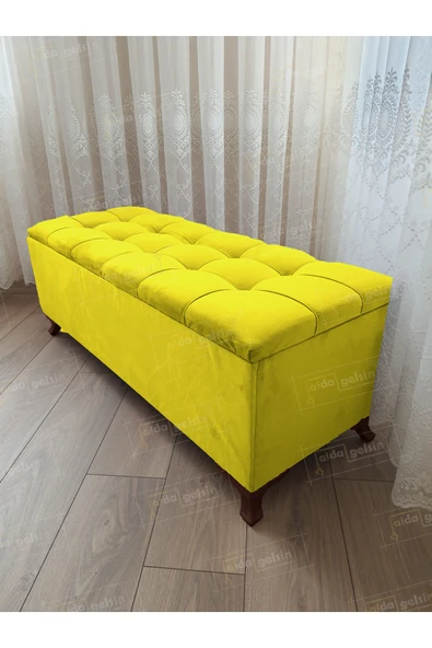 aldagelsin Çizgi Kapitoneli Sandıklı Puf  100 cm Ceviz Ayak Sarı 100 x 40 ürün görseli 1