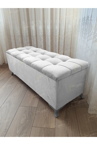 aldagelsin Çizgi Kapitoneli Sandıklı Puf 90 cm Gümüş Ayak Beyaz 90 x 45 ürün görseli 1