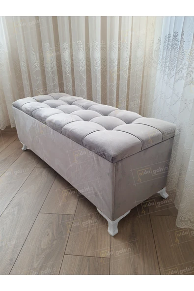 aldagelsin Çizgi Kapitoneli Sandıklı Puf  90 cm Beyaz Ayak Gri 90 x 45 ürün görseli 1