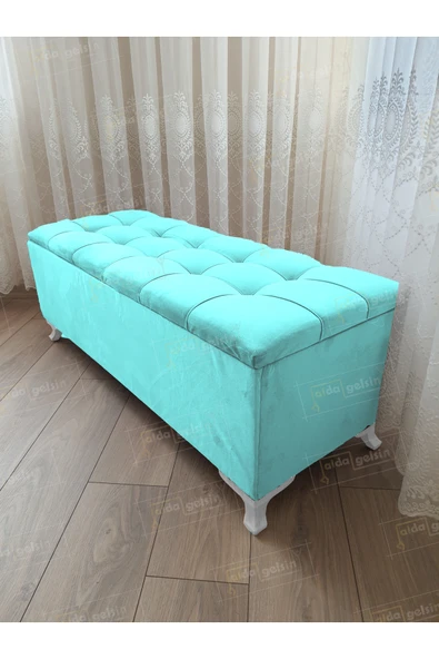 aldagelsin Çizgi Kapitoneli Sandıklı Puf  90 cm Beyaz Ayak Turkuaz 90 x 45 ürün görseli 1