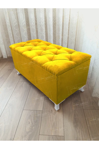 aldagelsin Lüks Sandıklı Kapitoneli Ayakucu Puf Bench 110 cm Beyaz Ayak Sarı 110 x 42 ürün görseli 1
